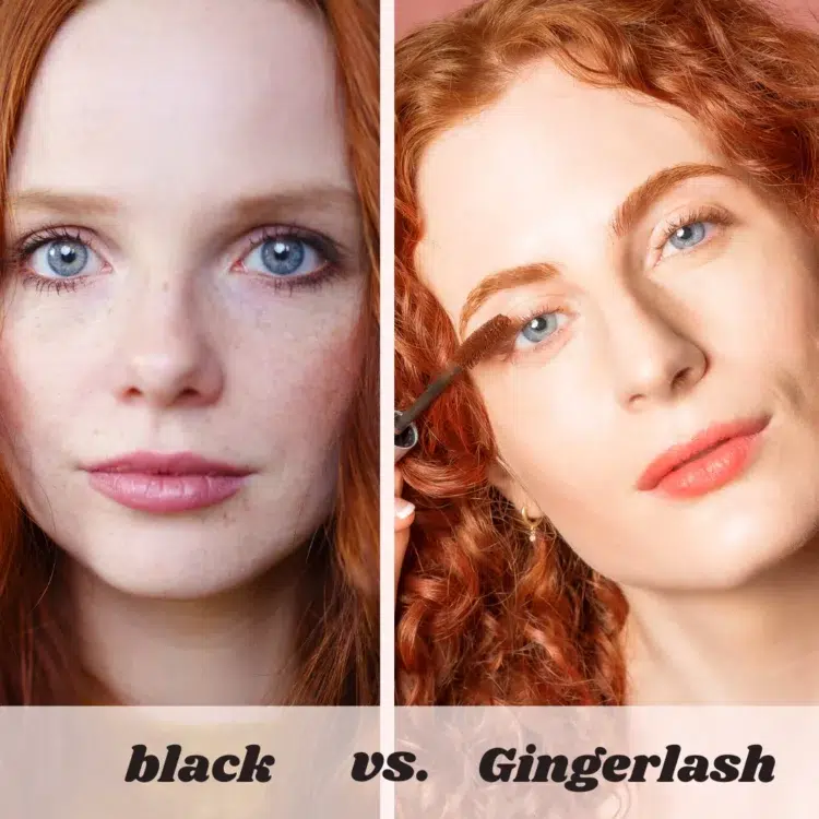 image from the Redhead Revolution site showing a redhead with traditional mascara on one side, and on the otherside wearing Gingerlash mascara and Redhead Revolution brow products.