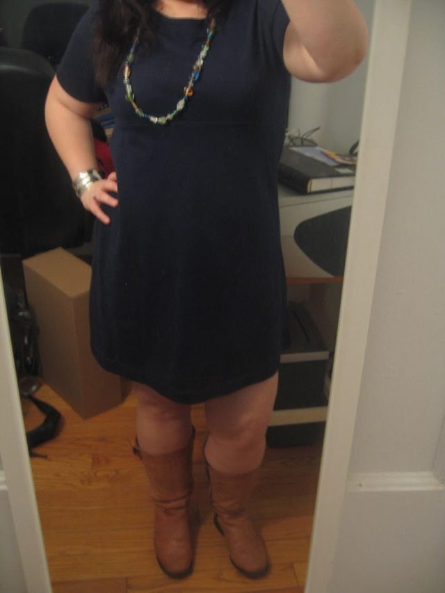navy ponte short sleeve shift dress with a long necklace made of seaglass beads