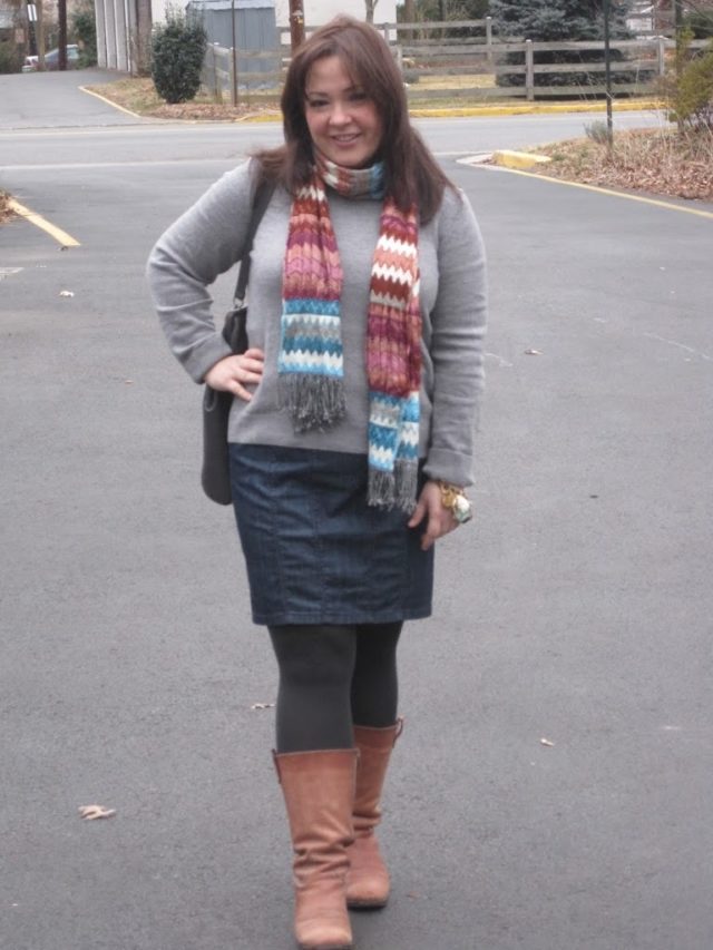 gray sweater denim pencil skirt tan boots tolani scarf