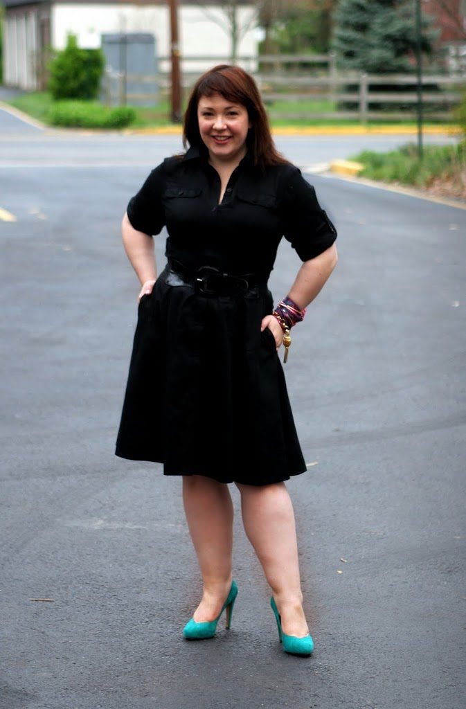 Alison Gary of Wardrobe Oxygen in a black poplin shirtdress from Lauren Ralph Lauren styled with teal suede pumps from Jessica Simpson's shoe line