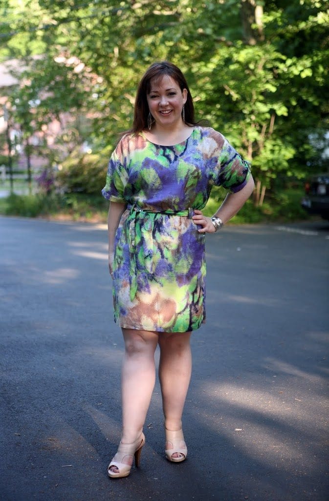 watercolor print silk dress with self belt as seen on Alison Gary of Wardrobe Oxygen