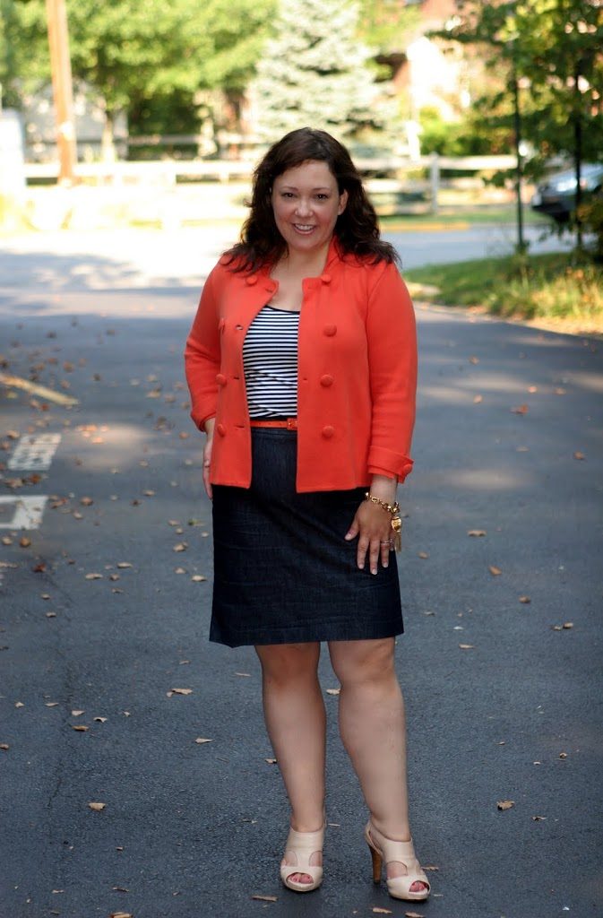 What I Wore Thursday: Orange and Nautical Stripes 1 Alison Gary of Wardrobe Oxygen in an orange J. Crew sweater jacket and denim pencil skirt