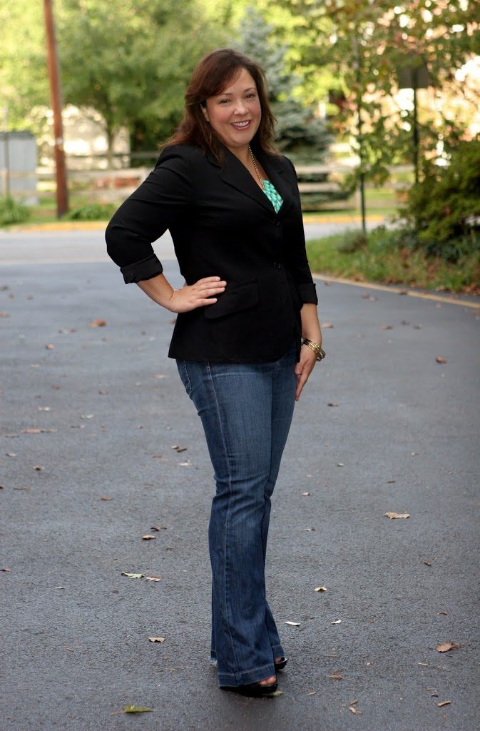 What I Wore: Trouser Jeans and a Blazer 4 Alison Gary of Wardrobe Oxygen in a black blazer and trouser jeans styled with a bubble necklace