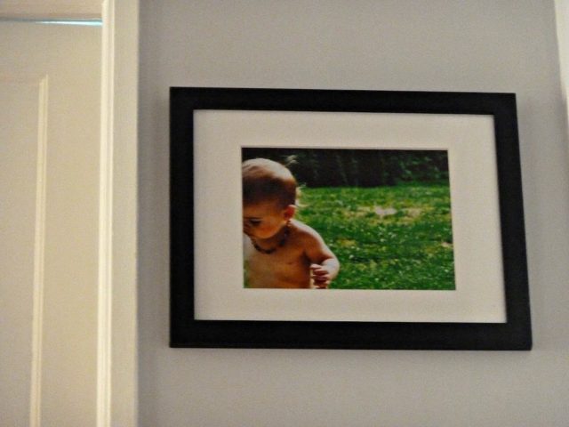 a framed and matted photo of a baby in a green field