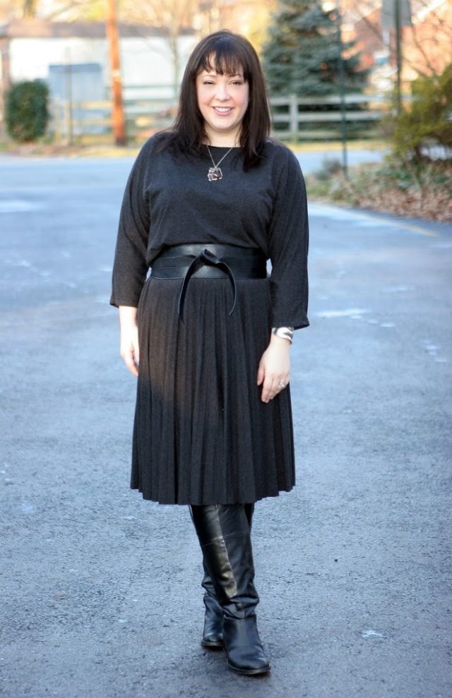 Alison Gary of Wardrobe Oxygen in a charcoal jersey work dress from White House | Black Market styled with a bloodstone and silver necklace and black leather obi belt