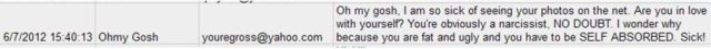 comment text that says Oh my gosh, I am so sich of seeing your photos on the net. Are you in love with yourself? You're obviously a narcissist. No DOUBT. I wonder why because you are fat and ugly and you have to be SELD ABSORBED. Sick!