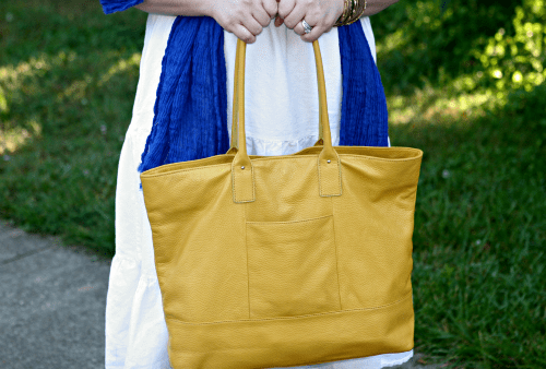 yellow leather tote bag