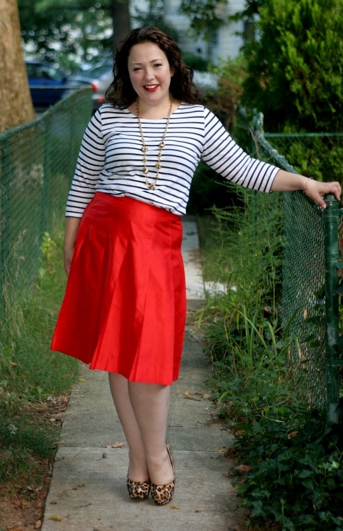 breton stripe shirt red skirt