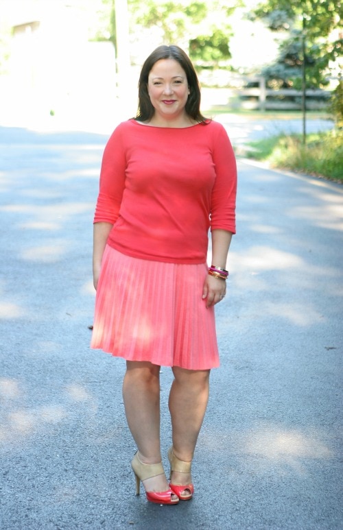 coral pleated skirt