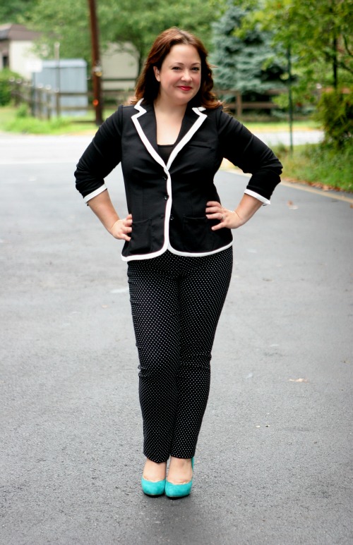 Friday: Black and White and Teal All Over 1 white piped blazer black knit