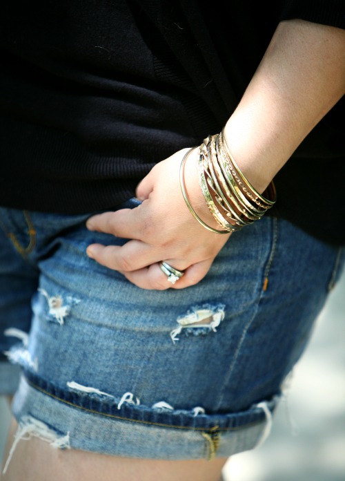 gold with distressed denim