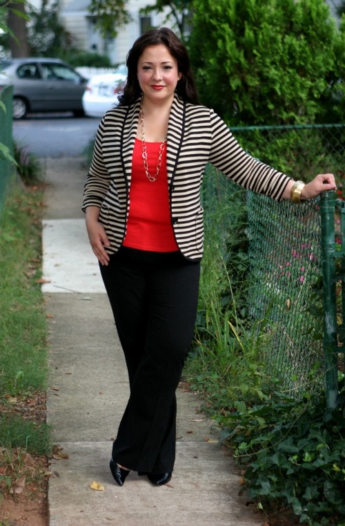 Thursday: Comfortable Corporate 1 karen kane striped blazer