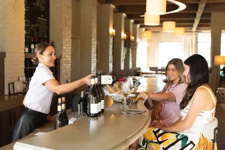 two women enjoying the tasting menu and wine flights at early mountain vineyard 