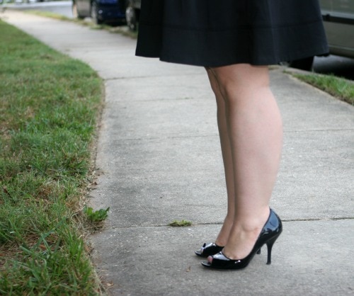 black patent peep toe pumps