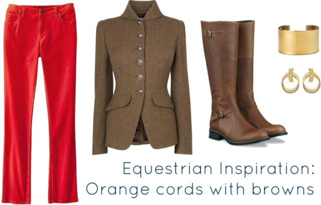 orange cords with equestrian jacket