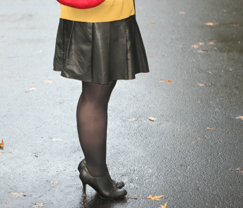 leather skirt and tights