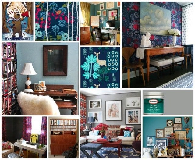 Collage of home offices with bold wallpaper, wood furniture, and eclectic details
