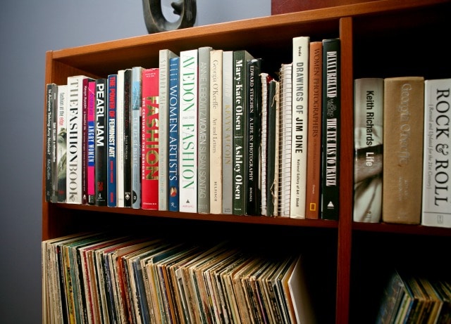 Bookcase of art and fashion books in Alison Gary's home office