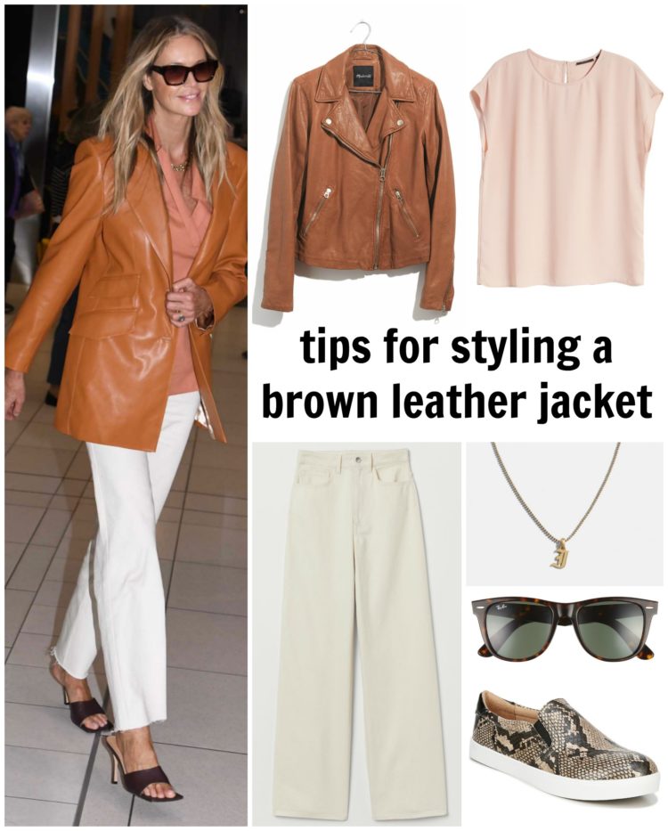 collage styling a brown leather jacket with a blush blouse and cream wide leg pants