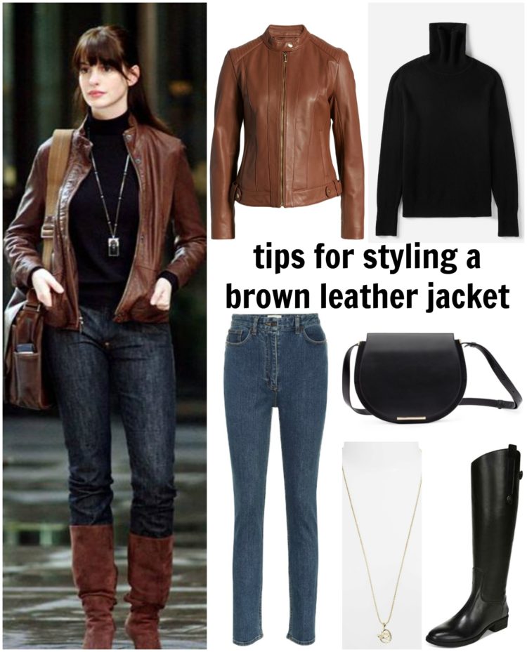 collage showing how to style a brown leather jacket with black