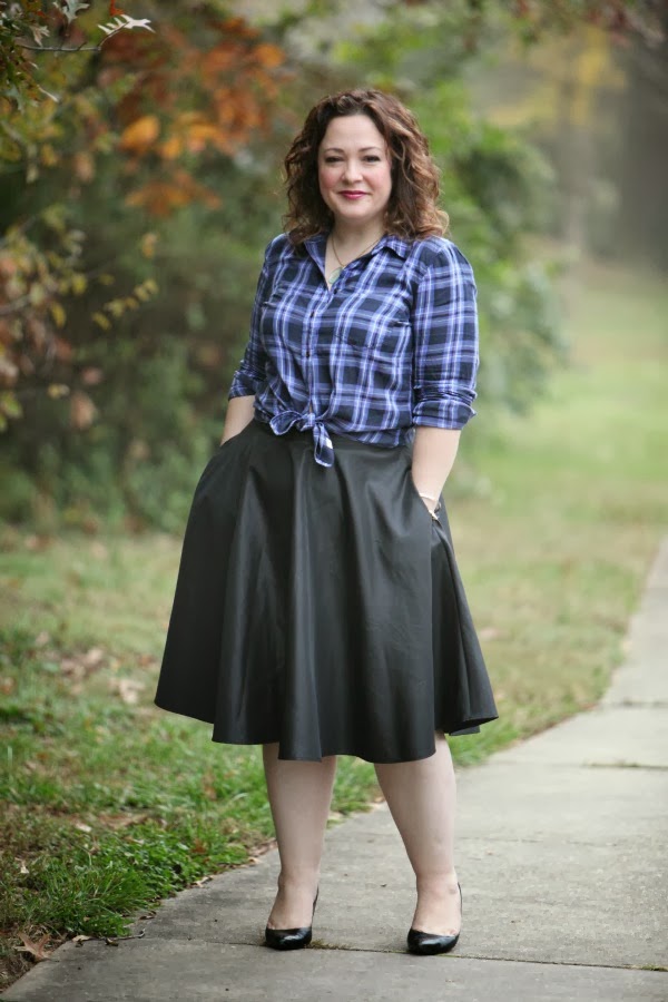 What I Wore: Glam Plaid 1 gap plaid shirt blue full skirt black