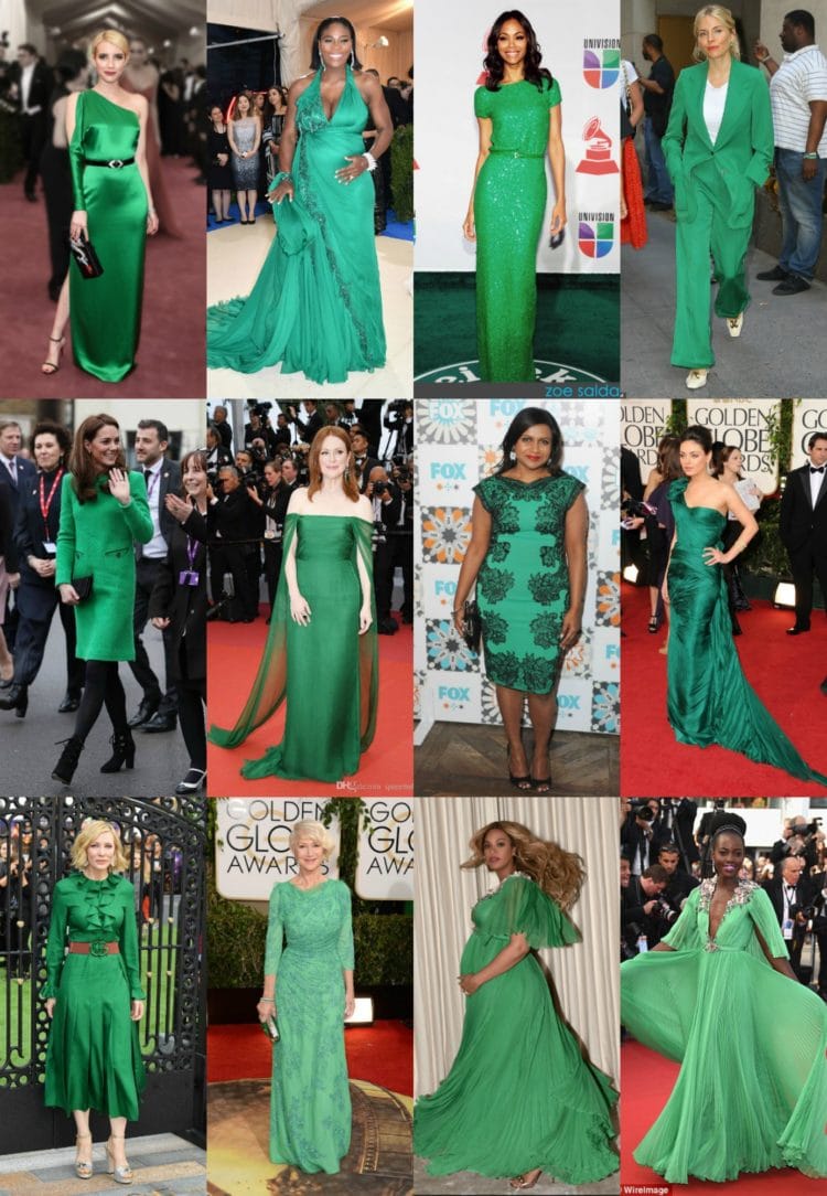 collage of celebrities on the red carpet and on the street wearing bright green fashion