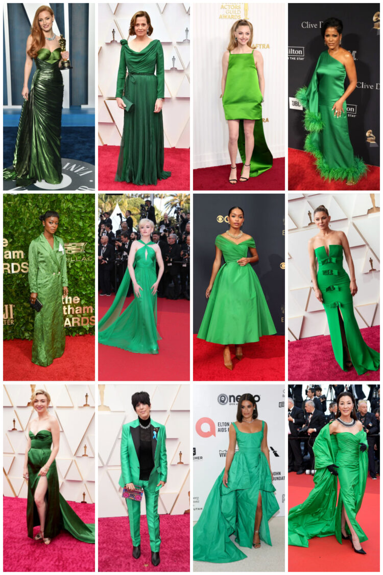 a collage of 12 celebrities from 2021-2023 wearing bright green gowns on the red carpet