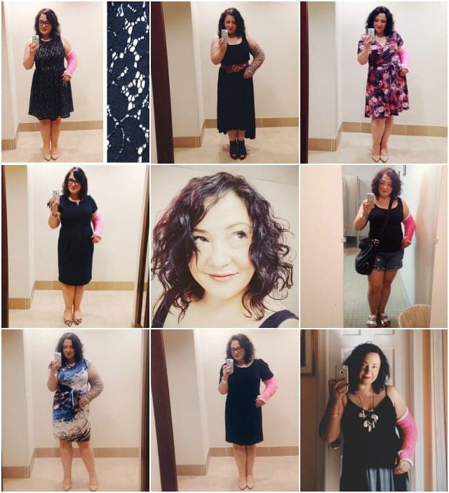 The Right Author at the Right Time 1 A collage of images of Alison Gary of wardrfobe oxygen styling clothes for work and weekend with a broken arm