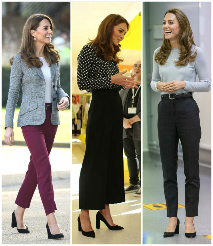 a collage of three photos of Kate Middleton wearing ankle pants with black pumps