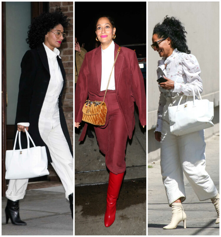 collage of three photos of Tracee Ellis Ross wearing ankle pants with boots