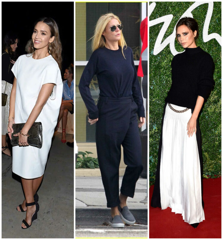 collage showing images of Jessica Alba, Gwyneth Paltrow, and Victoria Beckham in 2014 wearing simple yet architectural minimalist fashion in shades of white, black, and navy