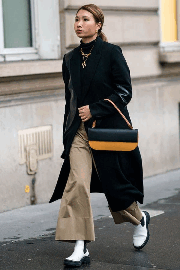 how to style chelsea boots with wide leg trousers