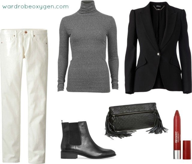 Ideas on how to style white jeans in winter by Wardrobe Oxygen