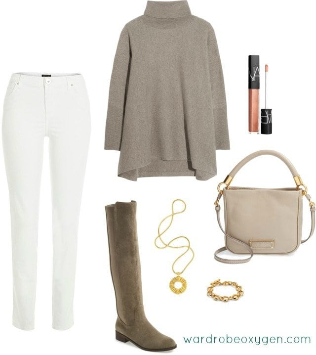 Ideas on how to style white jeans in winter by Wardrobe Oxygen