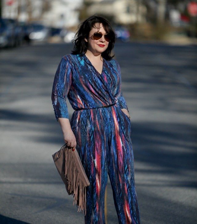 Wardrobe Oxygen What I Wore: Blue Jumpsuit from Serena Williams for HSN, BCBGeneration suede fringe clutch, Nine West Flax pumps