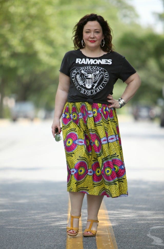 What I Wore for the Weekend: Ramones tee, Ankara print skirt, Born 'Myndy' sandals and Ray-Ban oversized aviators