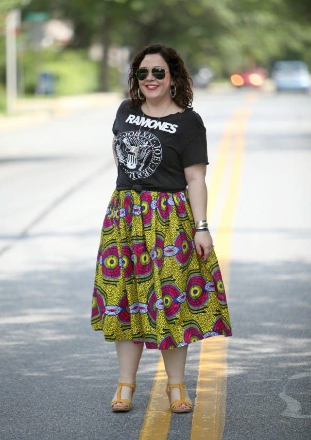 What I Wore for the Weekend: Ramones tee, Ankara print skirt, Born 'Myndy' sandals and Ray-Ban oversized aviators