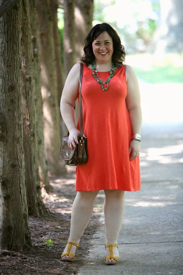 What I Wore Orange Eileen Fisher Linen Knit dress with yellow sandals from Born via Wardrobe Oxygen