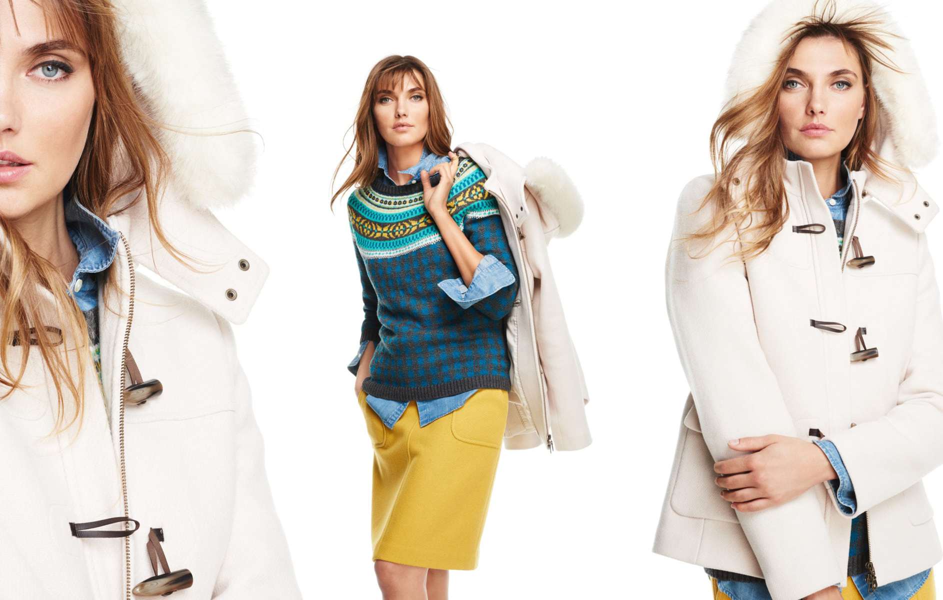 Talbots Fall 2015 Look Book Preview Featuring Blue Fair Isle Sweater with Yellow Skirt