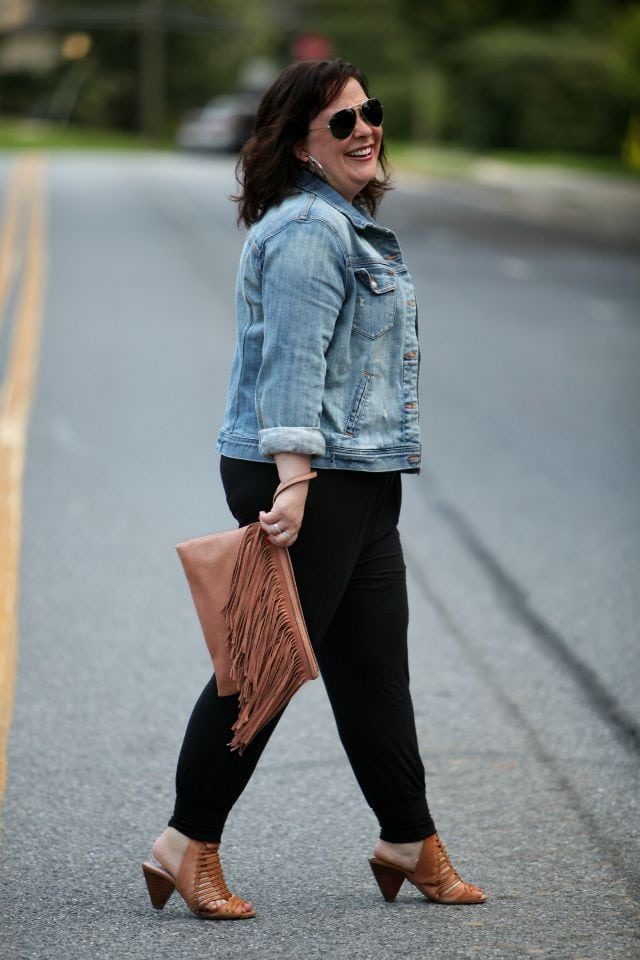 Wardrobe Oxygen featuring a BCBGeneration fringe clutch, J. Crew Factory denim jacket, and Vince Camuto sandals