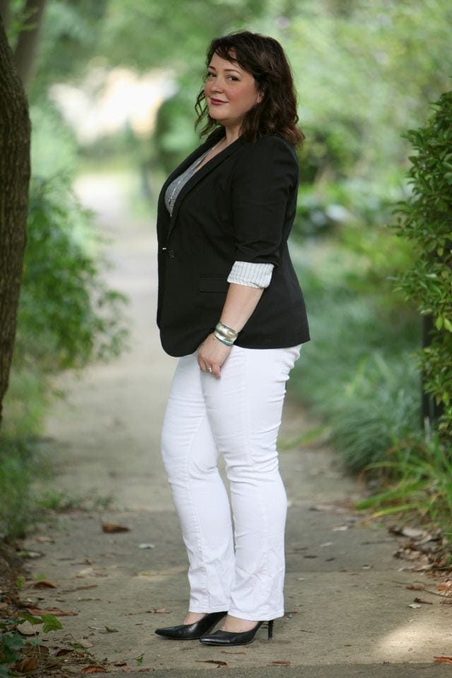 Wardrobe Oxygen wearing JAG Jeans Paley Bootcut with a Vince Camuto blazer and Nine West pumps