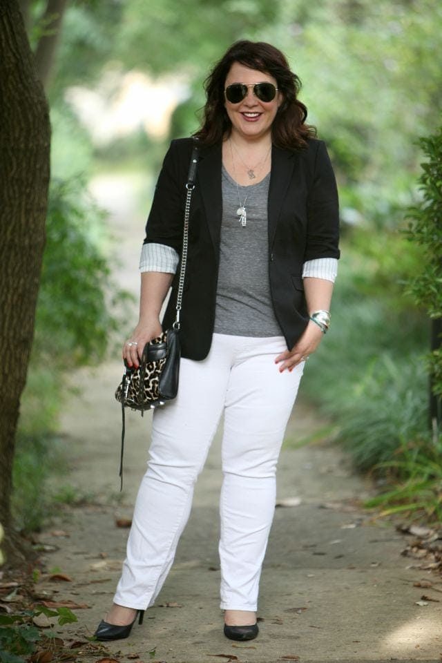 Wardrobe Oxygen wearing a Vince Camuto Blazer, Jag Paley Bootcut Jeans and a Rebecca Minkoff Mini MAC