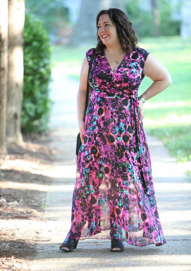 Wardrobe Oxygen wearing a floral wrap maxi from Taylor Dresses via Gwynnie Bee