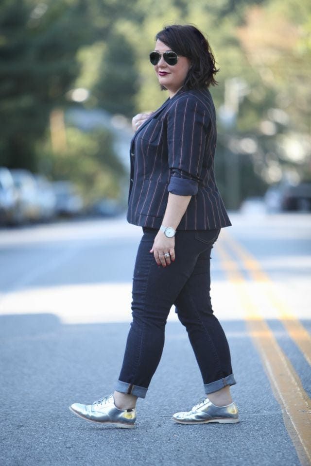 Alison Gary of Wardrobe Oxygen wearing Talbots Varisty Stripe Blazer, Gap Real Straight Jeans, and shiny silver Bass oxfords