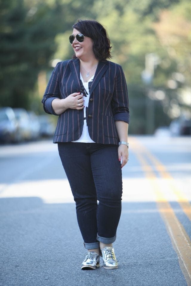 Alison Gary of Wardrobe Oxygen wearing Talbots Varisty Stripe Blazer, Gap Real Straight Jeans, and shiny silver Bass oxfords