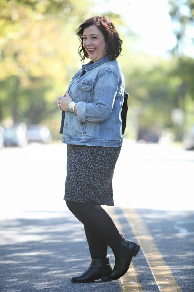 Wardrobe Oxygen featuring a J. Crew Factory denim jacket with a Talbots leopard ponte dress and Vionic Chelsea boots