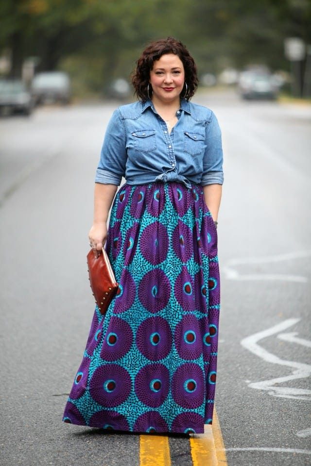 Wardrobe Oxygen featuring an Ankara maxi skirt Gap denim shirt and clutch bag from Brynn Capella