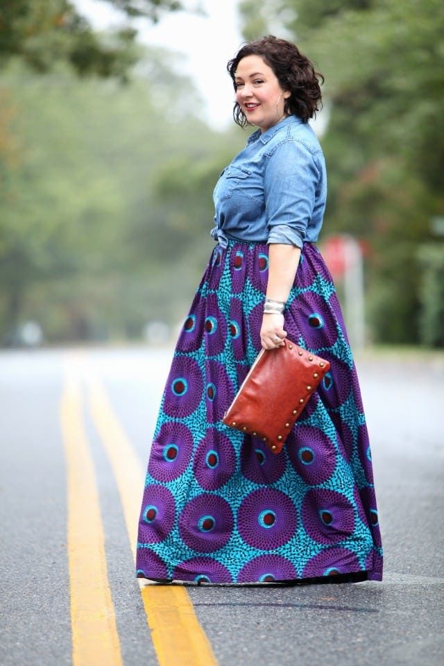 Wardrobe Oxygen featuring an Ankara maxi skirt with a denim shirt and Brynn Capella clutch bag