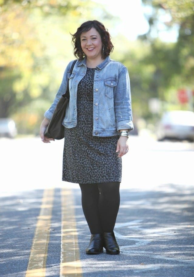 Wardrobe Oxygen wearing a Talbots leopard ponte dress and J. Crew Factory denim jacket