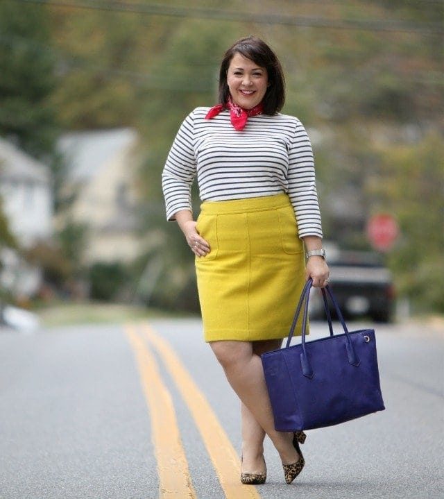 wardrobe oxygen wearing a Lands End Breton top Talbots Skirt and Dagne Dover tote